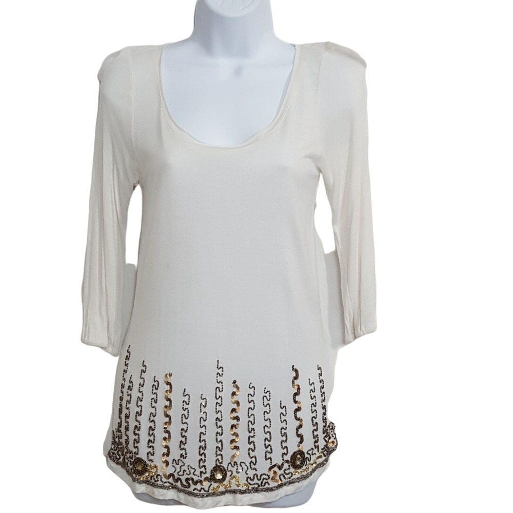 Bke Boutique Womens Blouse XS Sequin Beaded Tunic Ivory NEW